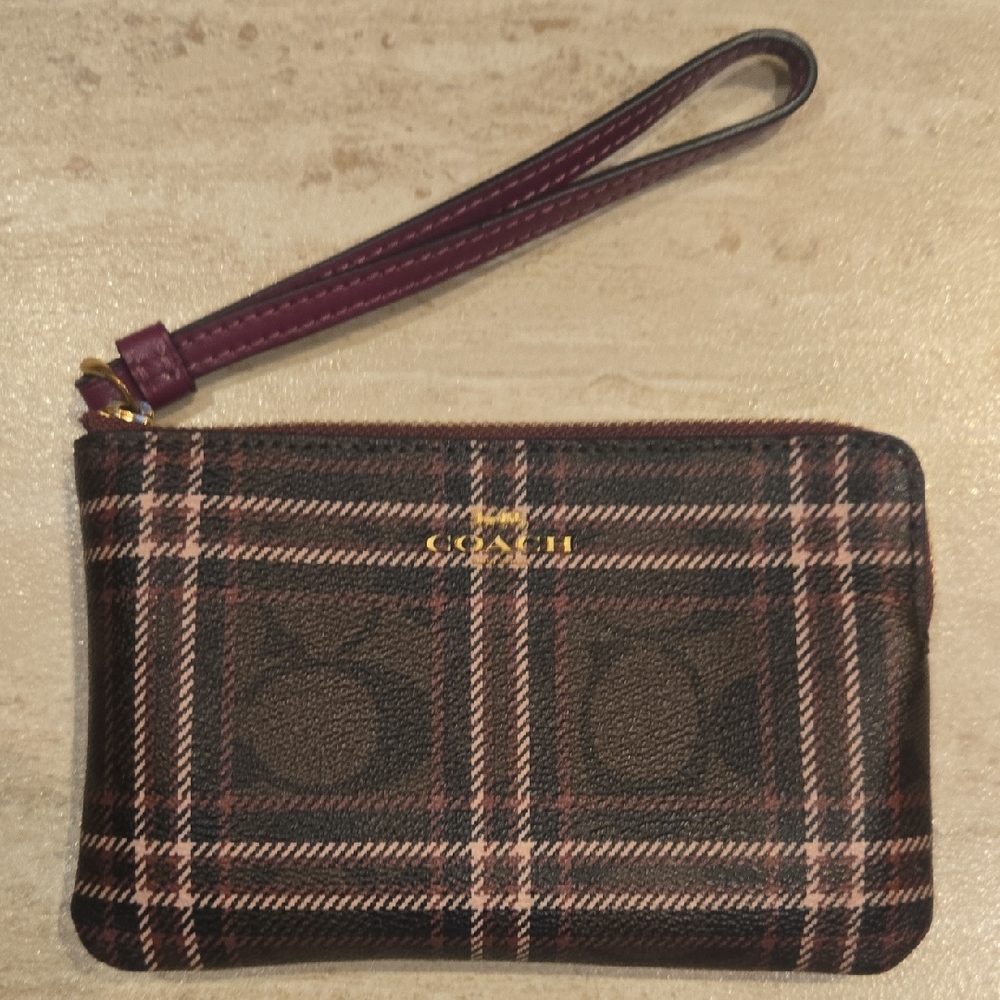 Coach Plaid Signature Zipper Wristlet/Wallet